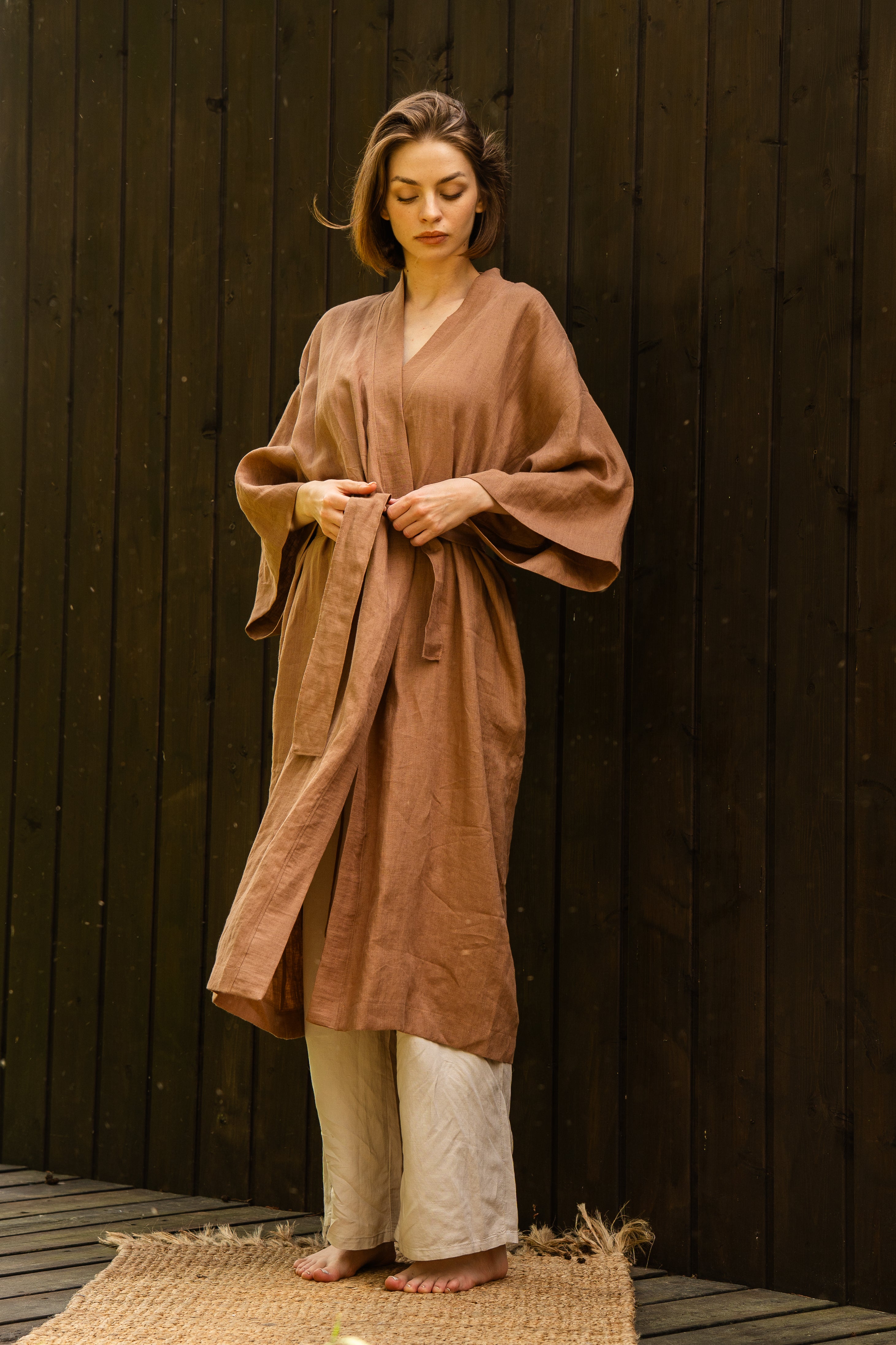 Kimono lniane Plantule długie (karmelowe)