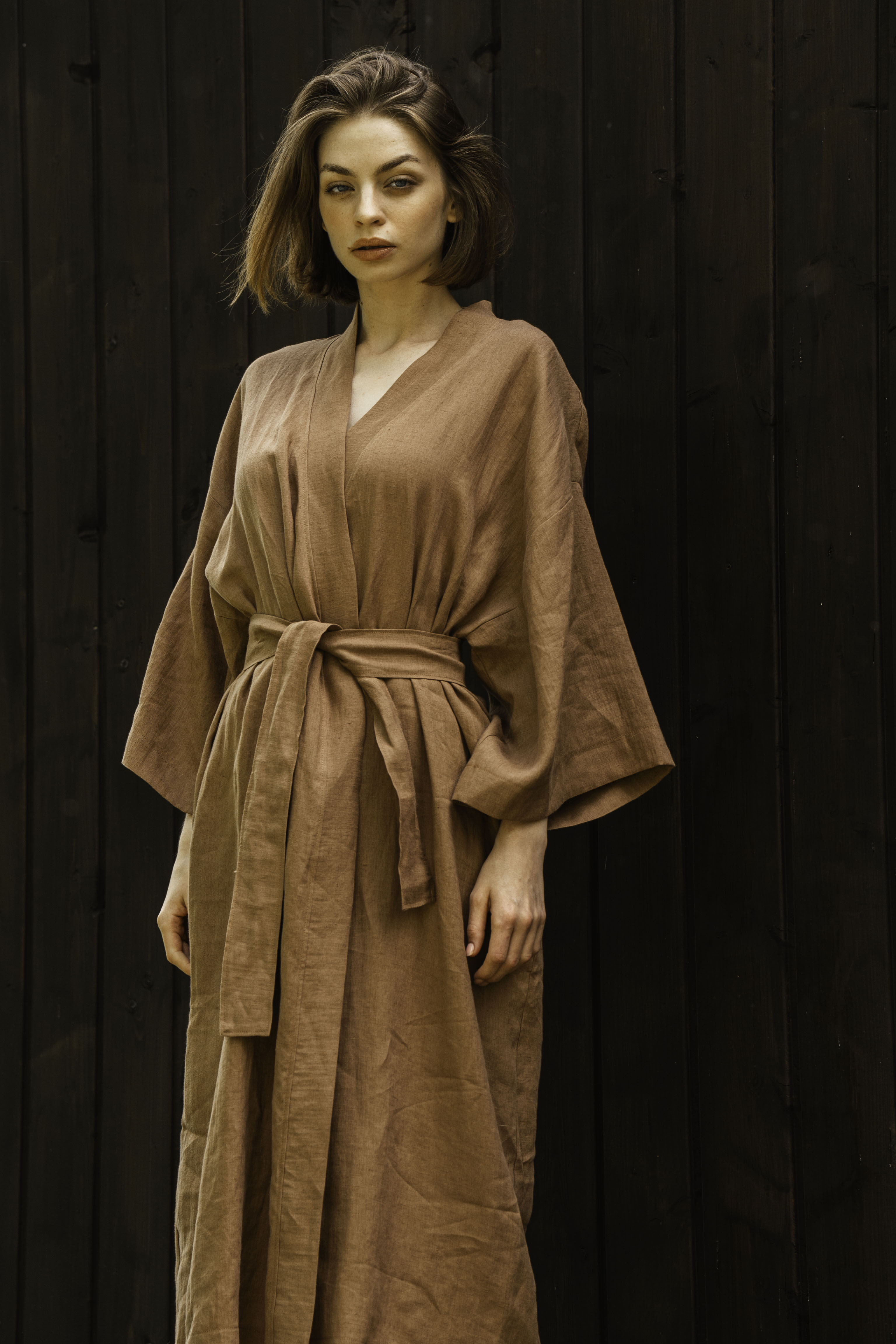 Kimono lniane Plantule długie (karmelowe)