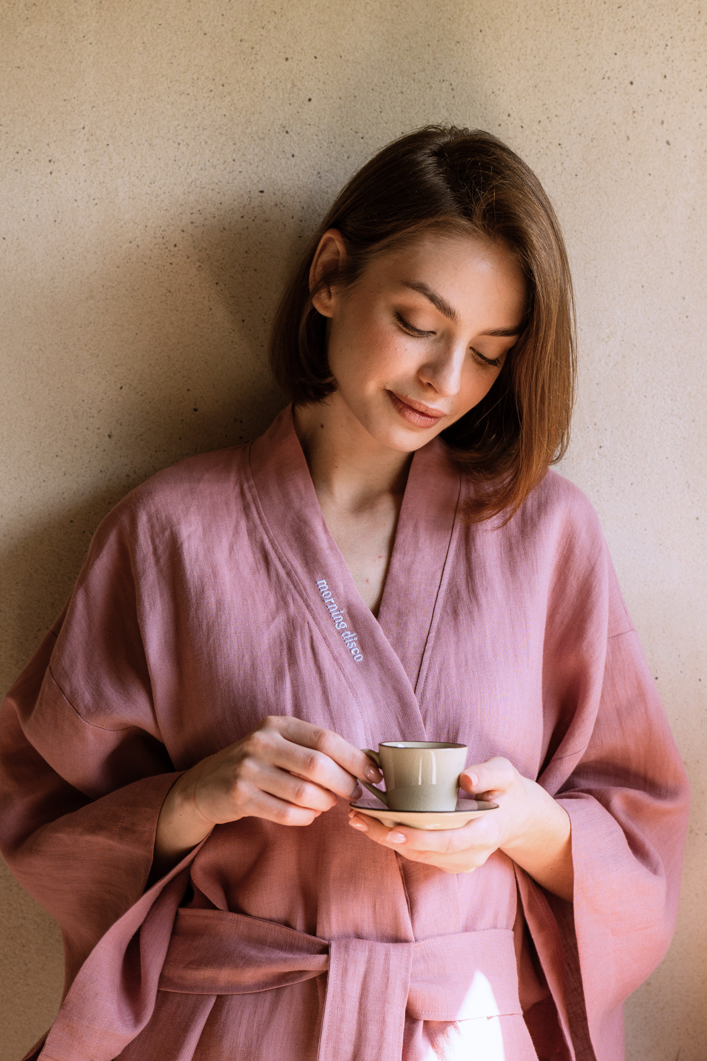 Kimono lniane Rosa × Plantule (różowe) – morning disco