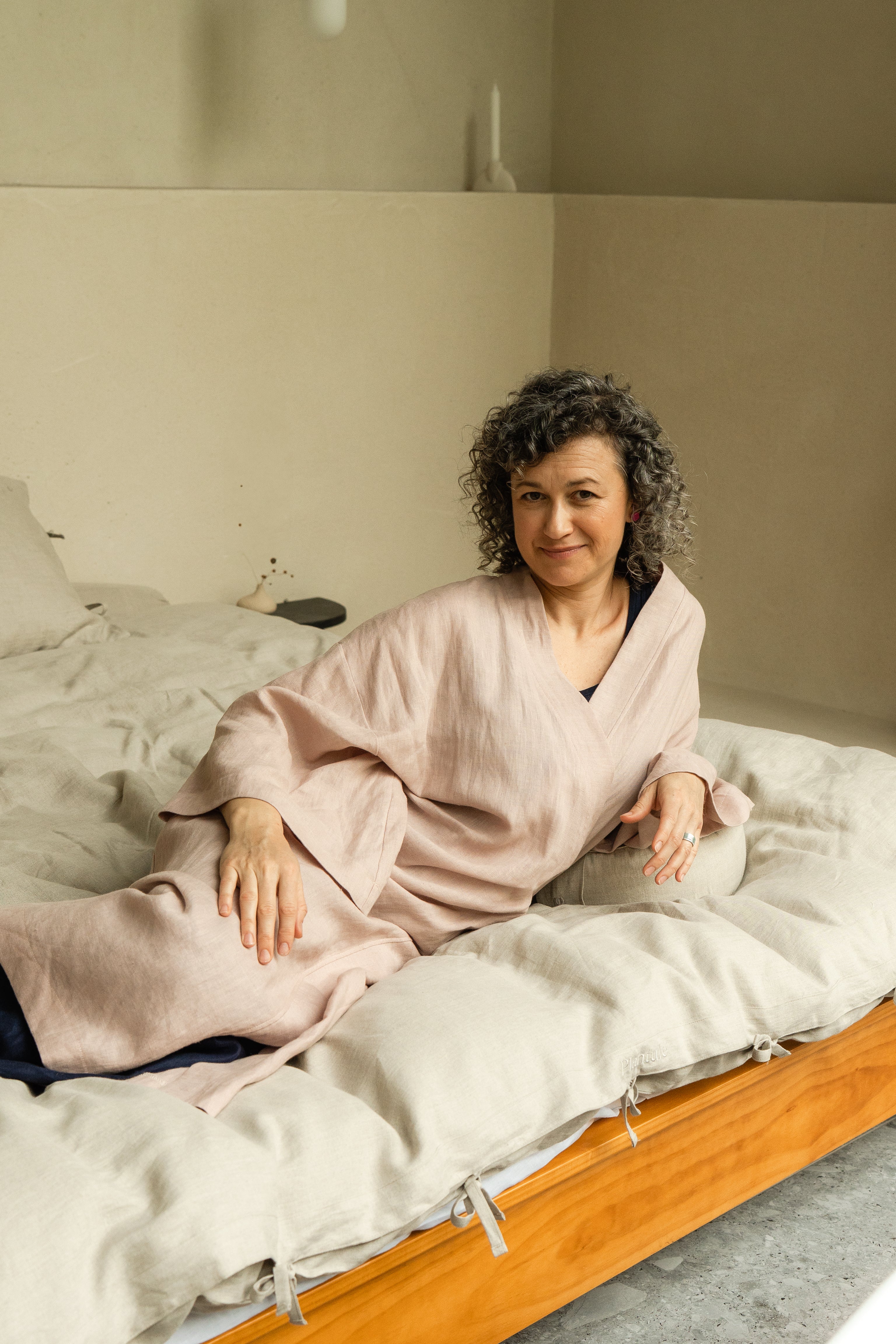 Kimono lniane Plantule długie (jasny róż)