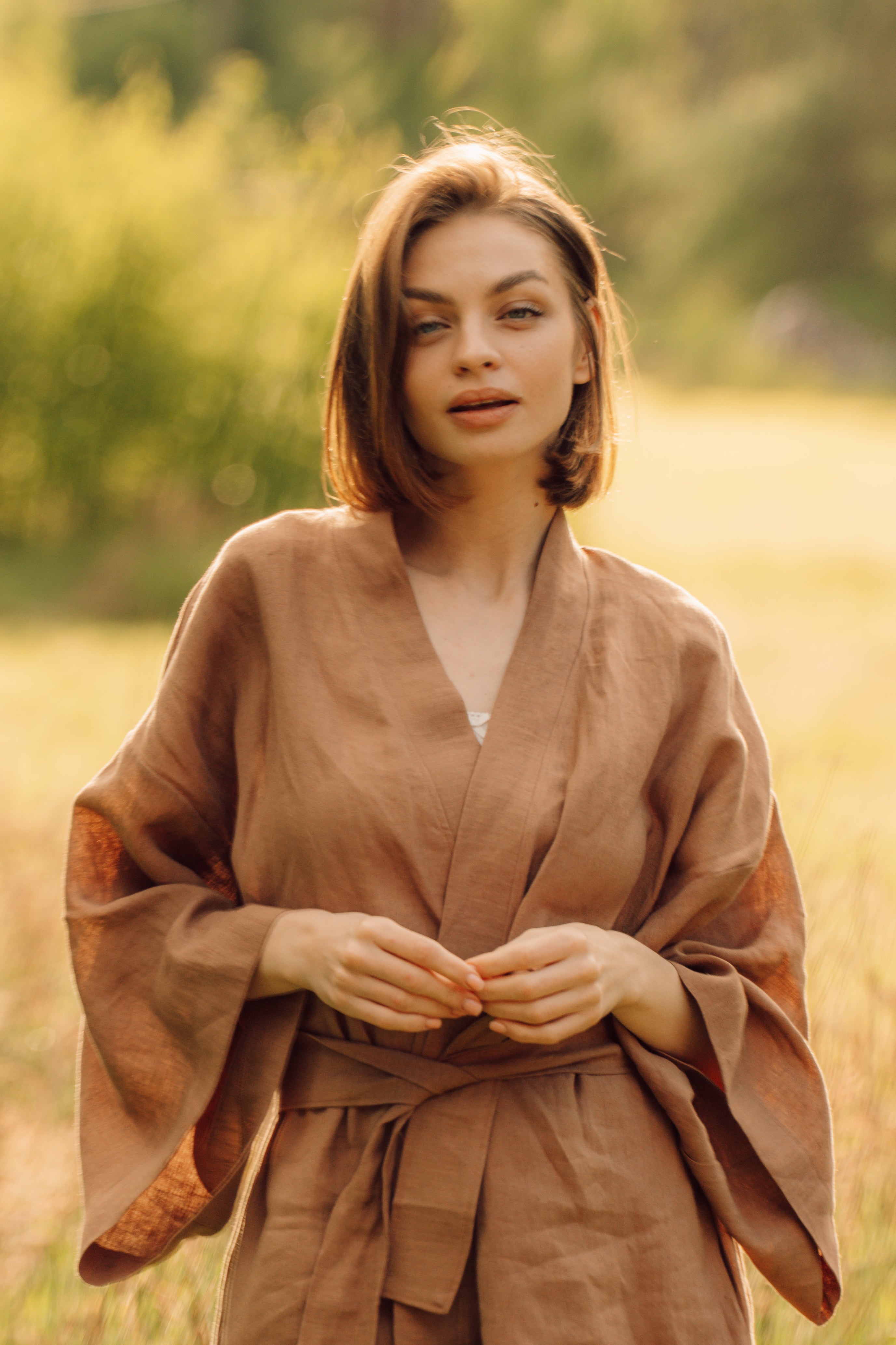 Kimono lniane Plantule długie karmelowe – plantulepillows.com